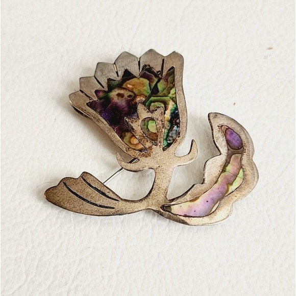 VINTAGE STERLING SILVER  ABALONE TULIP FLOWER PENDANT & BROOCH PIN 2"  7.89g - Picture 7 of 8